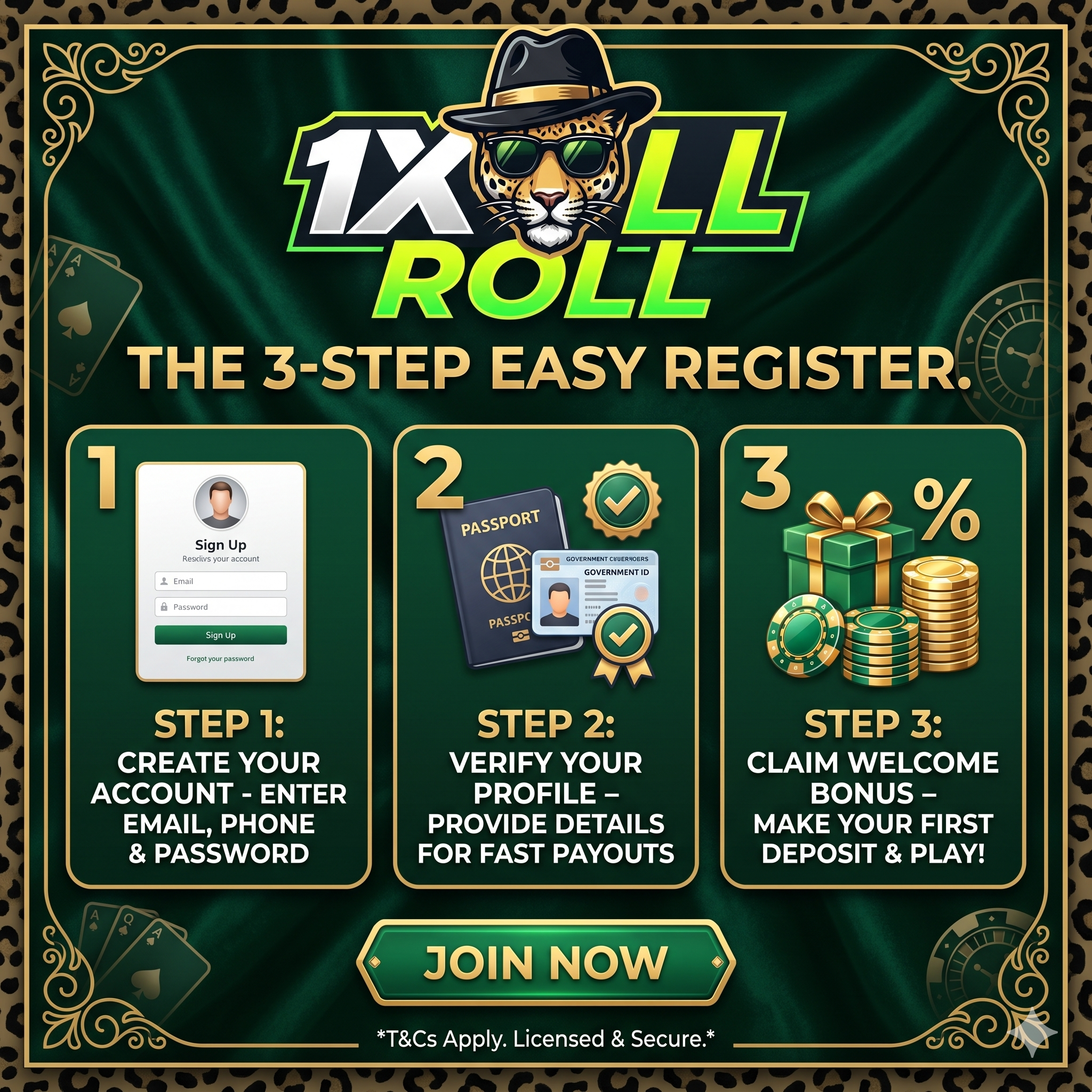 1Xroll Casino 三步骤注册指南图片，包含 1Xroll Login、1Xroll Register 和 1Xroll Download 入口