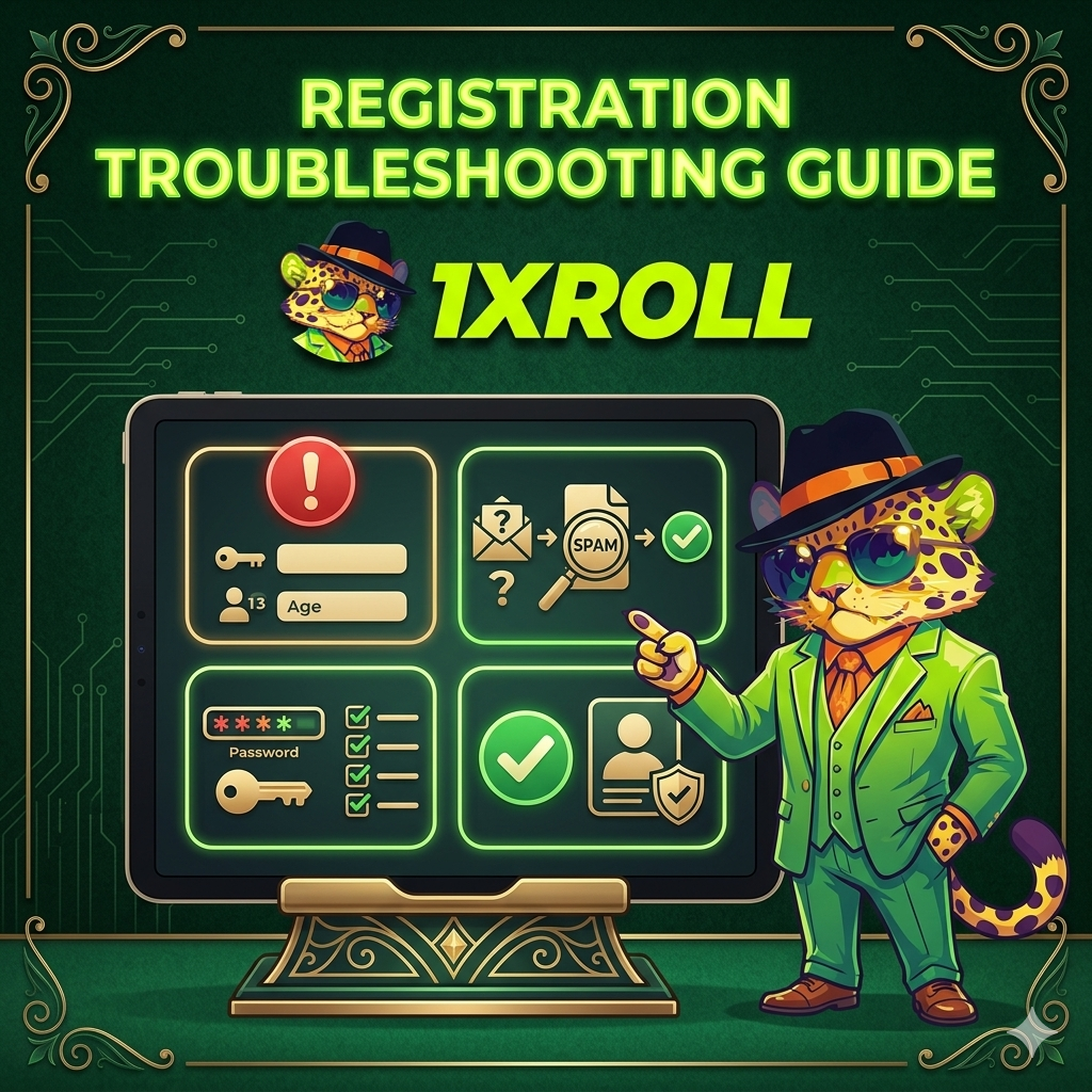 1Xroll Casino 注册问题指南图片，包含 1Xroll Login、1Xroll Register 和 1Xroll Download 入口