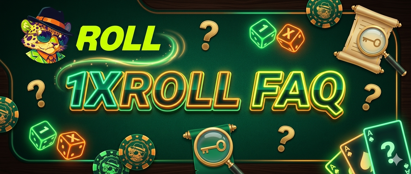 Faq 1Xroll Casino 常见问题横幅图片,包含 1Xroll Login、1Xroll Register 和 1Xroll Download 入口