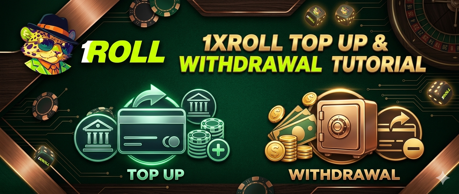 Top Up Withdrawal Tutorial 1Xroll Casino 充值与提款教程图片,包含 1Xroll Login、1Xroll Register 和 1Xroll Download 入口