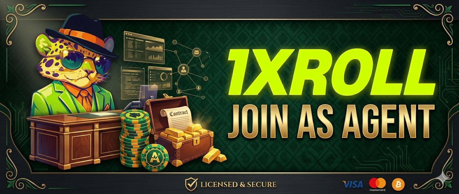 Agent 1Xroll Casino 代理加盟横幅图片,包含 1Xroll Login、1Xroll Register 和 1Xroll Download 入口